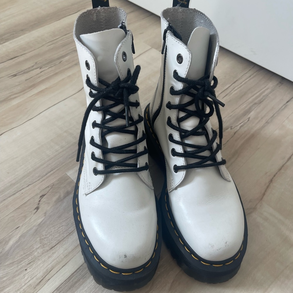 Dr. Martens White Combat Boots with Black Laces and Sturdy Sole